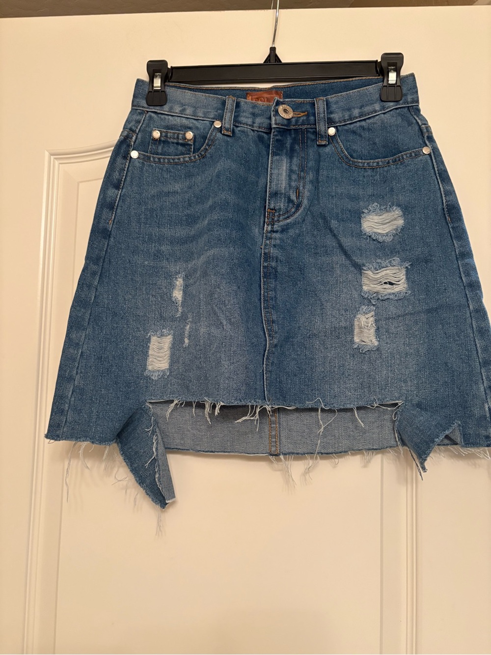 POL Blue Distressed Asymmetrical Denim Skirt